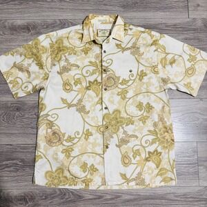Hibiscus Hawaii Mens Medium Floral Paisley Cotton Sateen Aloha Shirt Olive Green